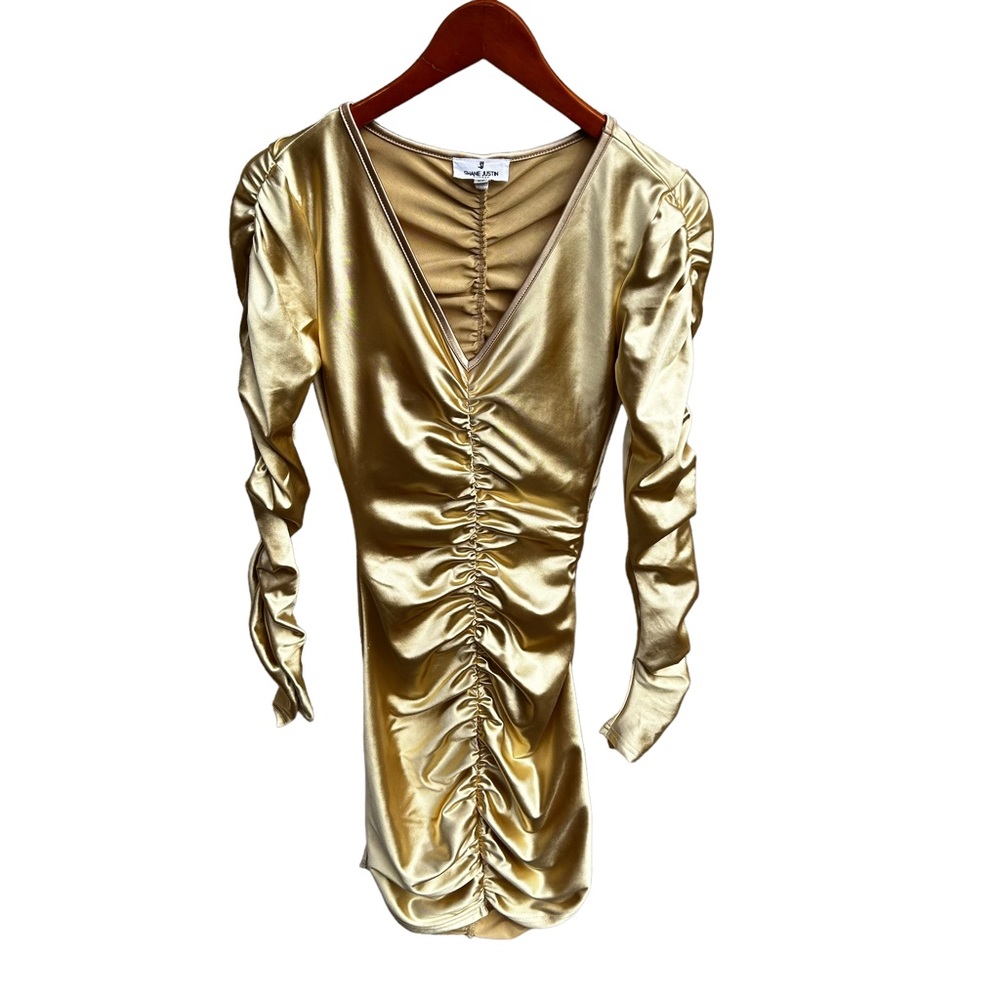 Shane Justin Runway EUC Gold Ruched  Stretchy Side Zip Body-con Dress XS